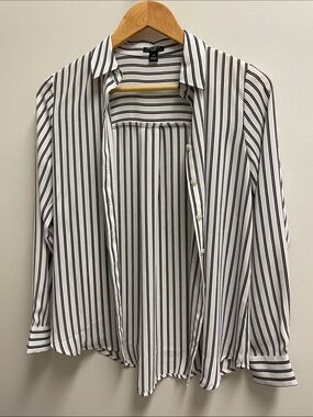 Ann Taylor Factory White Button-Down Shirt with Black Stripes